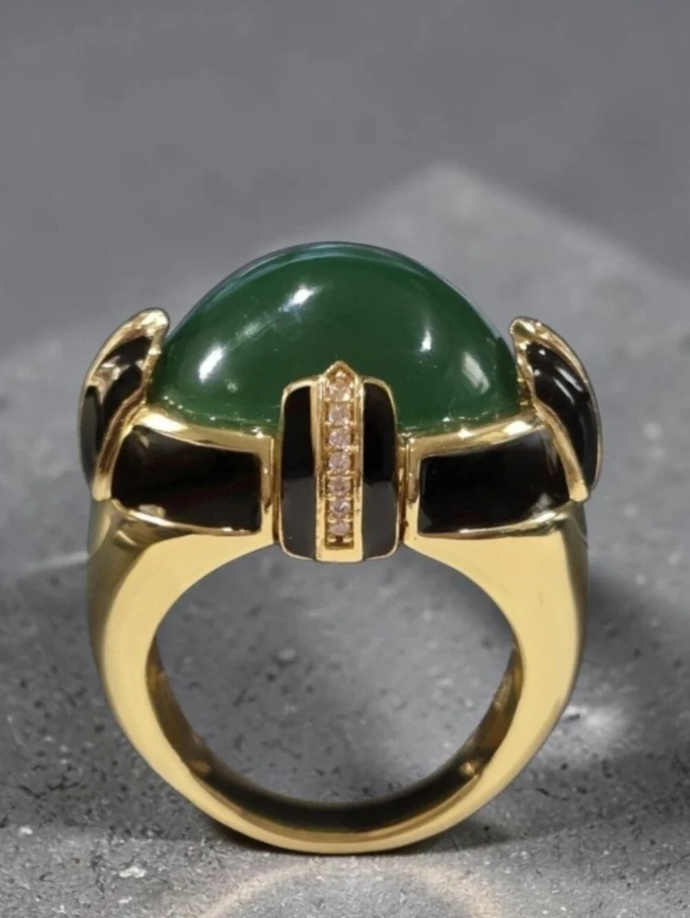 18k Gold Plated Onyx Enamel Green Onyx Glass Cabochon Oversized Statement Ring